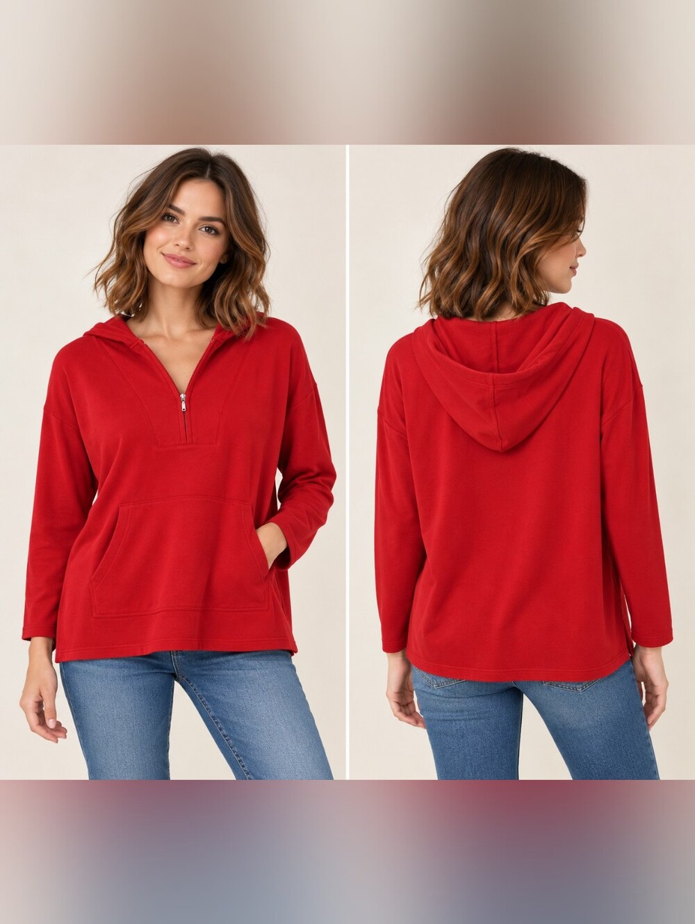 Pure Jill Pima Cotton Blend 1/4 Zip Hooded Pullover Top S Petite Lounge Casual